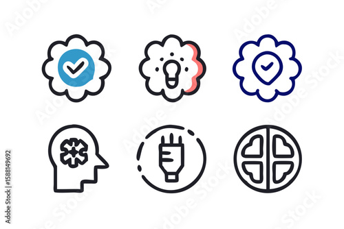 Collection of six modern line art icons representing ideas brains and verification symbols isolated on transparent background isolated on white background