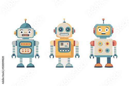 Three cute retro style robots standing together on transparent background isolated on white background isolated on transparent background