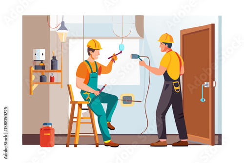 Two construction workers painting a wall with rollers and brushes isolated on transparent background isolated on white background