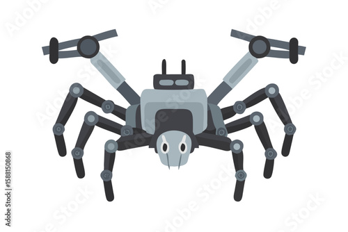 Stylized robotic spider with eight articulated legs and a central body isolated on transparent background isolated on white background