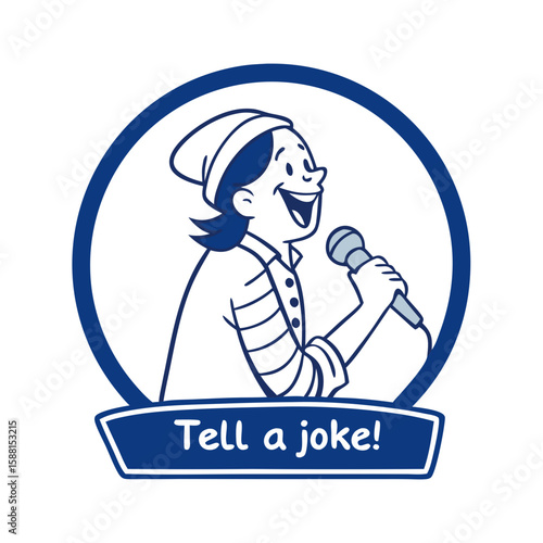 Cartoon character of a man in a hat holding a microphone and laughing with "Tell a joke!" text in a blue icon