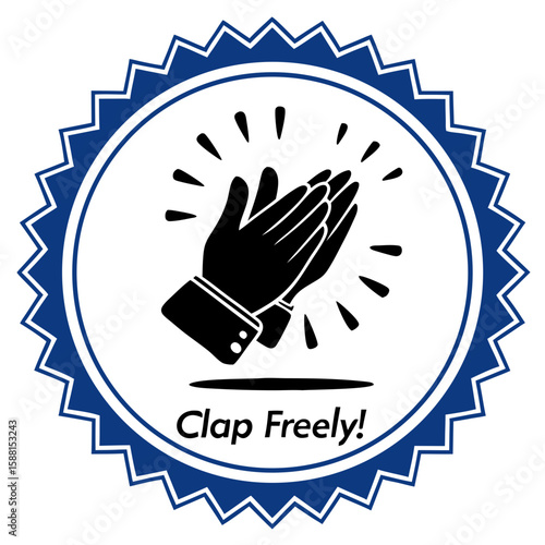 Icon of black clapping hands with text "Clap Freely!" in a circular blue badge