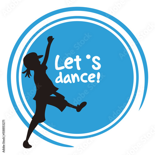 Minimalist silhouette twirling in dance inside bright blue circle with "Let's Dance!" text