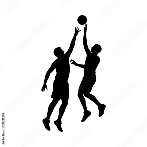 Black Silhouette of a Basketball Player Blocking a Shot in Mid-Air on White Background