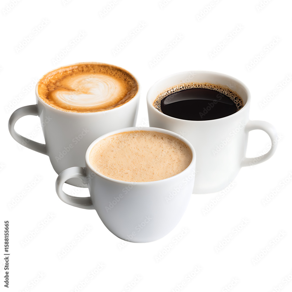 Obraz premium Three coffee cups offer a delightful variety, from a creamy latte with intricate art to a robust black coffee with a frothy layer isolated on white background or transparent background png cut out