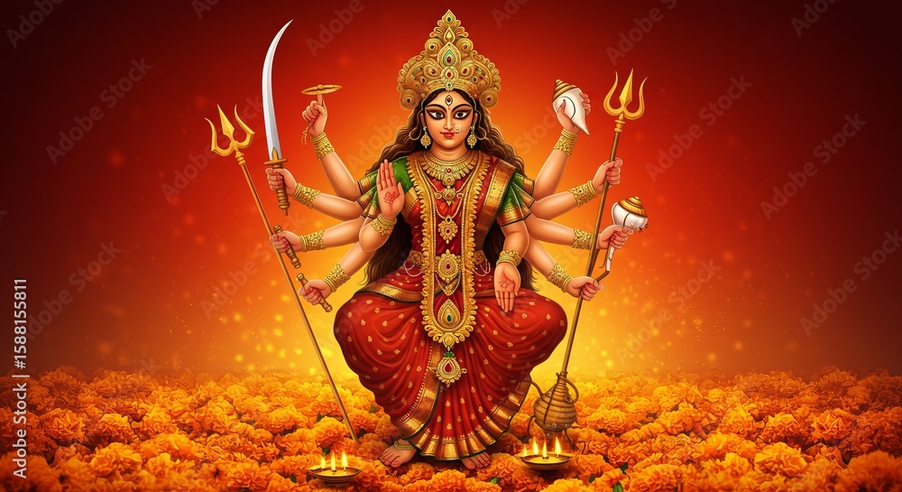 Fototapeta premium Vibrant illustration of Goddess Durga with ten arms holding weapons, surrounded by marigold flowers