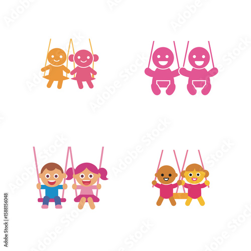 cute vector flat kids having fun on swings set bundle