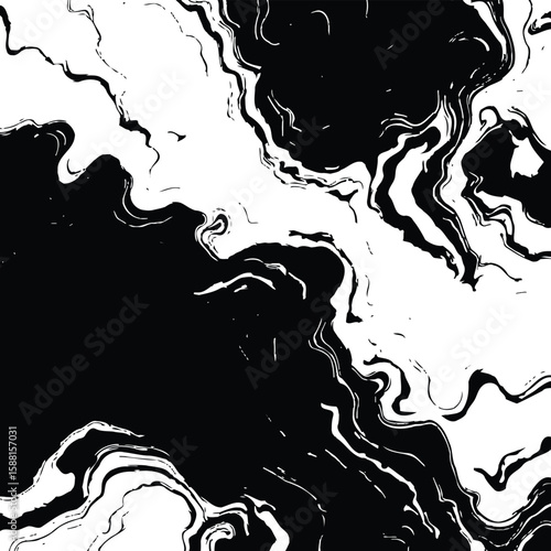 Black-and-White Abstract Illustration of Liquid Marble Texture – 1-Item Ink Flow Pattern