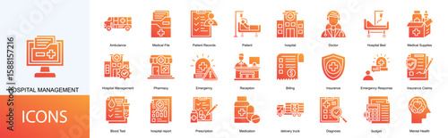 hospital management icon collection set. Containing Patient, hospital, Doctor, Hospital Bed, Medical Supplies icon