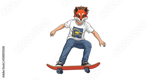 A boy wearing a fox mask rides a skateboard with arms outstretched, isolated on a white background.