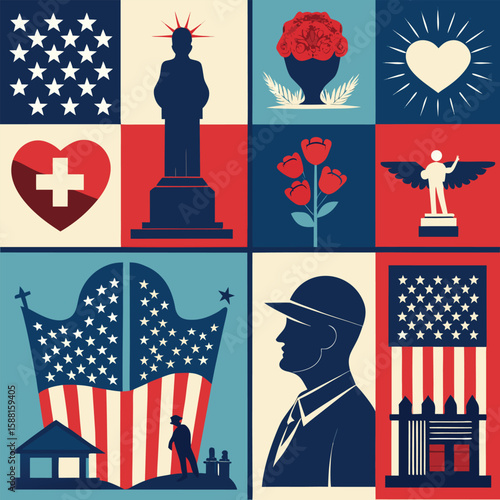 USA patriotic Fourth of July independence day vector background with flag, stars, and liberty symbols