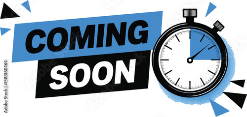 A coming soon graphic with a stopwatch and geometric shapes in blue and black