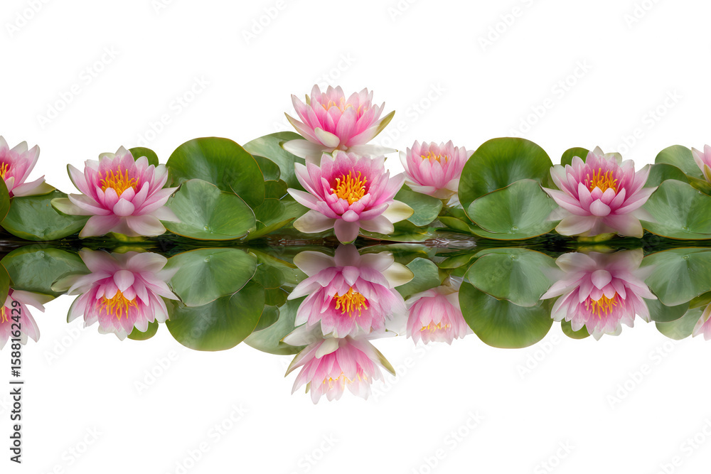 Fototapeta premium Pink water lilies with reflections isolated on transparent background