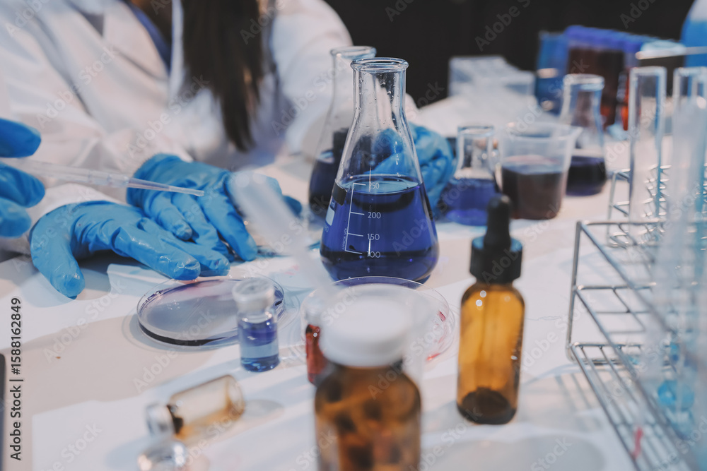 Fototapeta premium Modern Empty Science Laboratory With Microscopes, Test Tubes And Other Laboratory Equipments