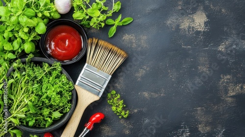 Culinary Painting Still Life: A Composition of Fresh Herbs, Ketchup, and Brush on a Dark Textured Surface Evoking Artistic Gastronomy Preparation