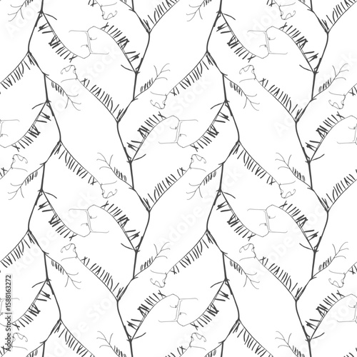 Pattern ornament of curly pea branches, leaves and tendrils of plants. Dark silhouettes of prints of branches on white background. Textile.