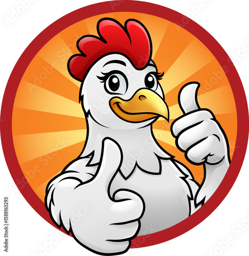 Smiling cartoon chicken giving two thumbs up in front of a vibrant orange sunburst circle. Friendly, bold farm or food mascot design.