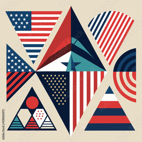 Seamless pattern of patriotic American flags with red, white, and blue stars and stripes, symbolizing USA independence