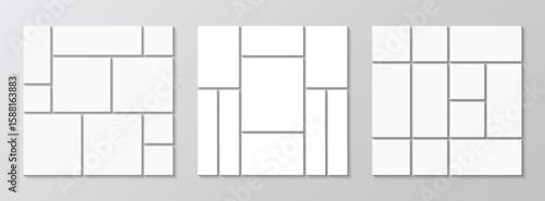 Collage layout template. Set of photo moodboard. Mood board grid. Mosaic pictures geometric frames set. Organised portfolio collection. Album brandboard. Gallery banner. Vector illustration