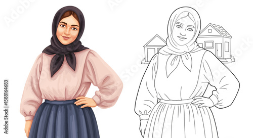 Quiet Village Mother Coloring Page with Colored and Outline Pose Printable Illustration