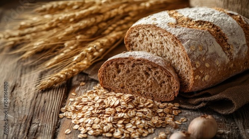 Rustic composition exhibiting homemade whole wheat bread with oats and wheat stalks, set upon weathered wooden surface showcasing artisanal baking and rural charm offering nutritious meal