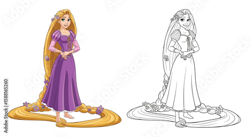 Rapunzel Character Coloring Page with Full Colored and Outline Styles for Art Fun