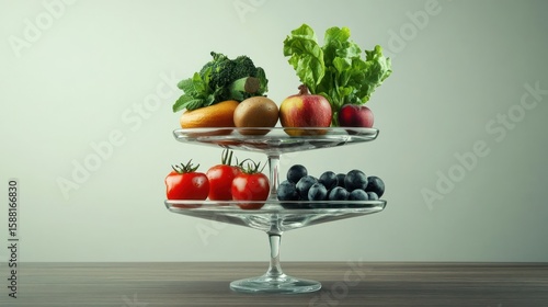 Elegant display of nutritious delights: Two-tiered glass stand presenting a vibrant assortment of fresh fruits and verdant vegetables against neutral backdrop