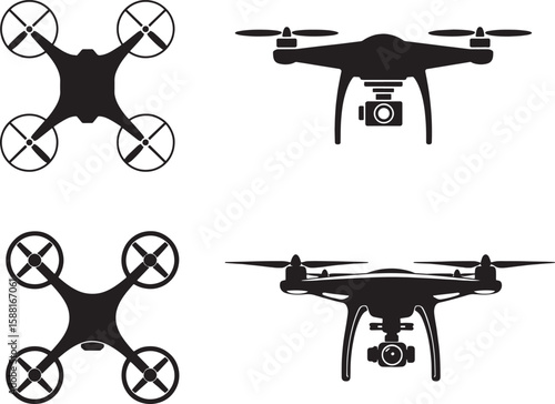 "Drone Icon Vector – Quadcopter with Camera Symbol for App and Web on Transparent Background"