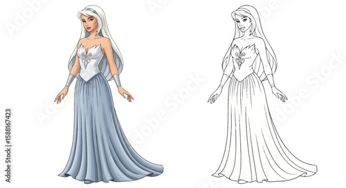 Swan Maiden Character Coloring Page with Colored and Outline Versions for Art Creativity