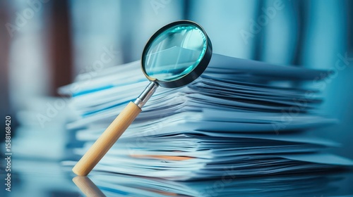 business documents  with magnifying glass