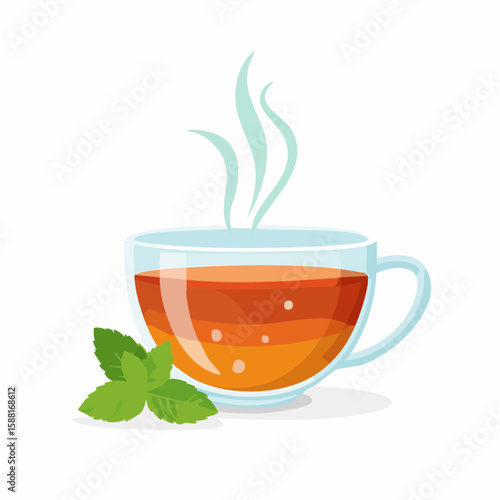 Flat vector of a glass teacup with mint leaves and visible hot steam wafting up in soft curves