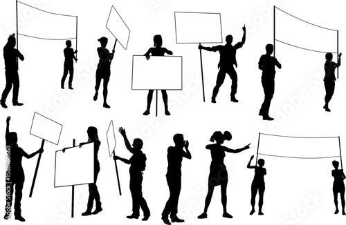 Protestors or demonstrators men and women. At a demonstration march, picketing line or strike protest rally in silhouette. Holding banners, picket signs and megaphone or mega phone.