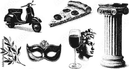 Set of Italy symbols including scooter, pizza, column, mask, statue, wine, olives, and glass. Classic black and white vector illustration.