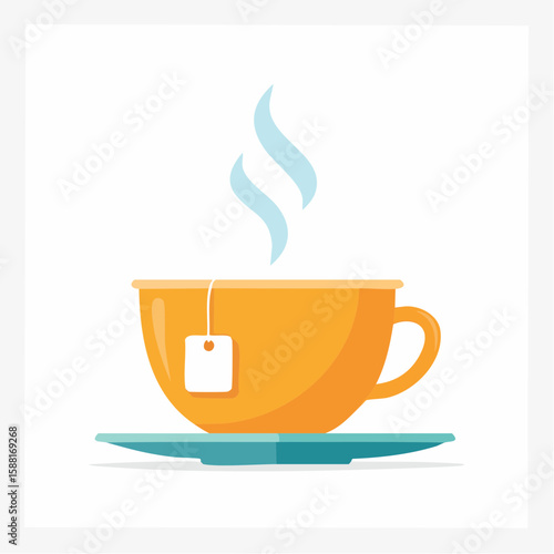 Minimalist flat vector of a teacup with a teabag string hanging over the side and delicate steam curls above