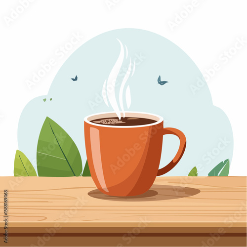 Flat vector illustration of a steaming coffee mug on a wooden table with soft steam rising, cozy morning scene