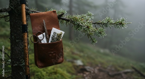 Natural Herbal First Aid Kit for Wilderness Survival and Hiking in a Moody, Foggy Forest