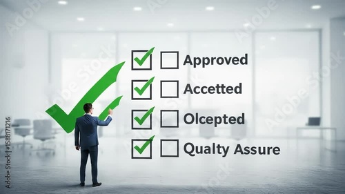 Man in suit marks a checklist with large checkmarks in a modern office setting.