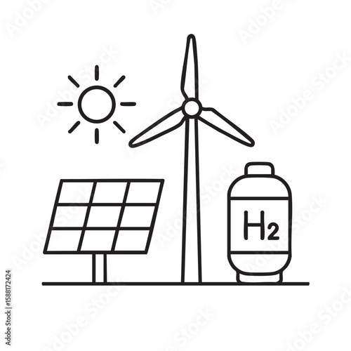 Renewable Energy Sources Solar Panel Wind Turbine and Hydrogen Storage Clean Energy Vector Icon