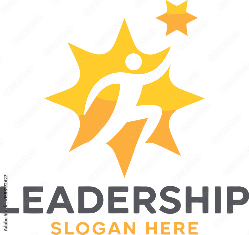 Obraz premium Abstract logo of a person reaching for a star with leadership text below it
