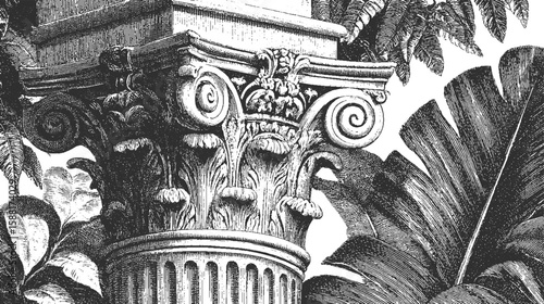 Roman column capital with palm leaves in vintage engraving style. Classical architecture and botanical ornament in black and white vector illustration.
