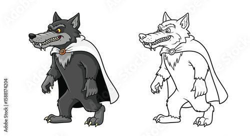 The Big Bad Wolf Coloring Page with Full Colored and Outline Styles for Kids Art