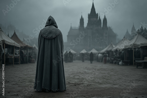 Old man in a weathered cloak standing in a foggy medieval village square, surrounded by ruined buildings and empty market stalls, gothic church in the background under heavy storm clouds