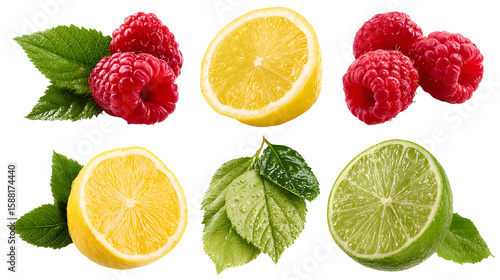 A vibrant arrangement of fresh lemons and raspberries with green leaves, showcasing a colorful fruit display ideal for culinary use