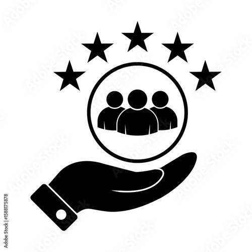 Premium quality customer service icon vector. People group with 5 stars over hand for graphic design, logo, web site, social media, mobile app, ui illustration