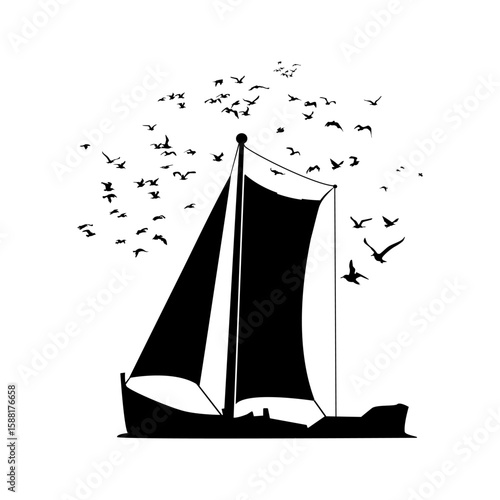 Sailboat and seagulls silhouette on white background. Yacht icon. Sea travel symbol.Sailing boat at sea or lake.Boat for recreation or racing.Vessel for daily cruises or sea travel.Vector illustration