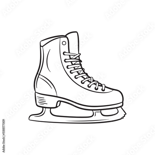 Black outline sketch of a classic ice skate with laces and blade detail. Hand drawn vector illustration