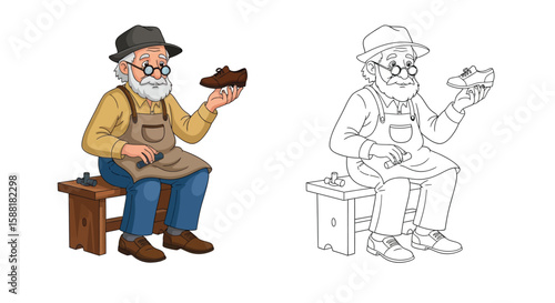 The Shoemaker Character Coloring Page with Full Colored and Outline Styles for Art