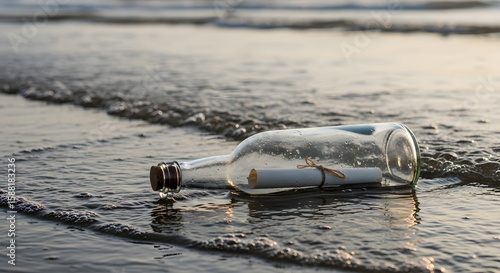 Message in a Bottle Washed Ashore on a Serene Beach at Sunset, Symbolizing Hope, Communication, and Unexpected Discoveries