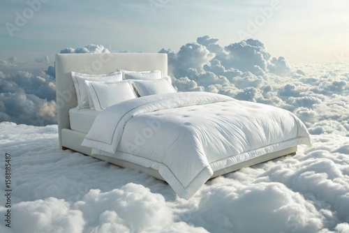 Luxurious white bed floating serene among wispy clouds under a soft sky