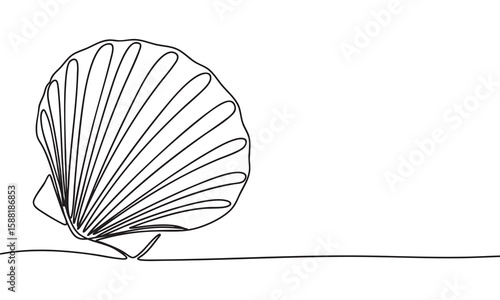 Scallop Shell One Line Continuous. Shell Outline Silhouette. Vector Art.